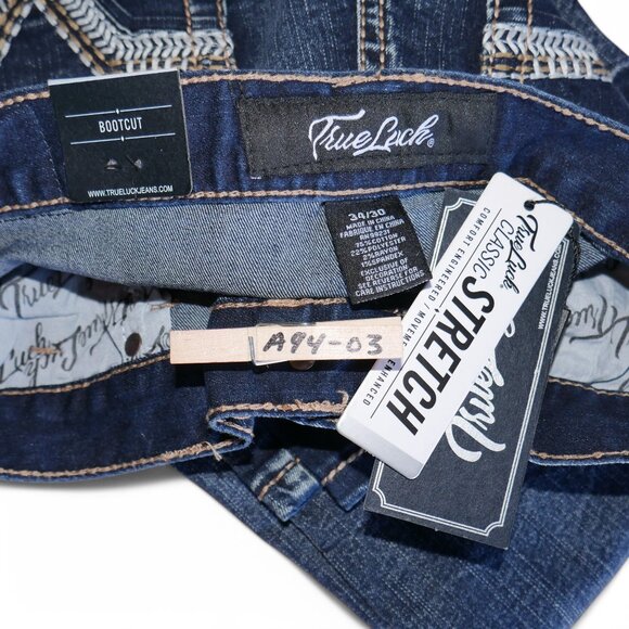 True Luck Bootcut Jeans Dark Wash Denim Men's Size 34x30 Thick Stitch BKE NWT - Picture 6 of 9